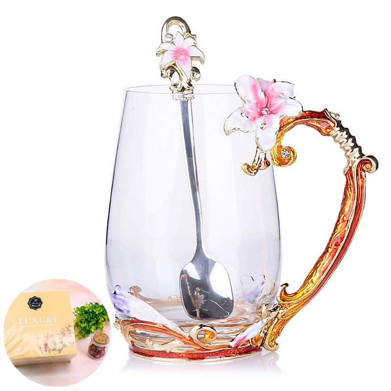 Mooduuty Tea Cup, Motherâ€™s Day Gifts, Coffee Mug Cups, Lily Flower Glass Tea Cup, Unique Personalized Birthday Present Ideas for Women Grandma Mom Teachers Hot Beverages 13OZ Pink - Image 1
